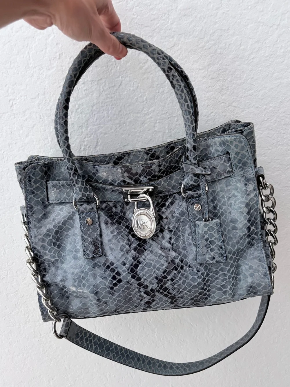 Michael Kors Hamilton blue snake-skin embossed satchel with matching wallet